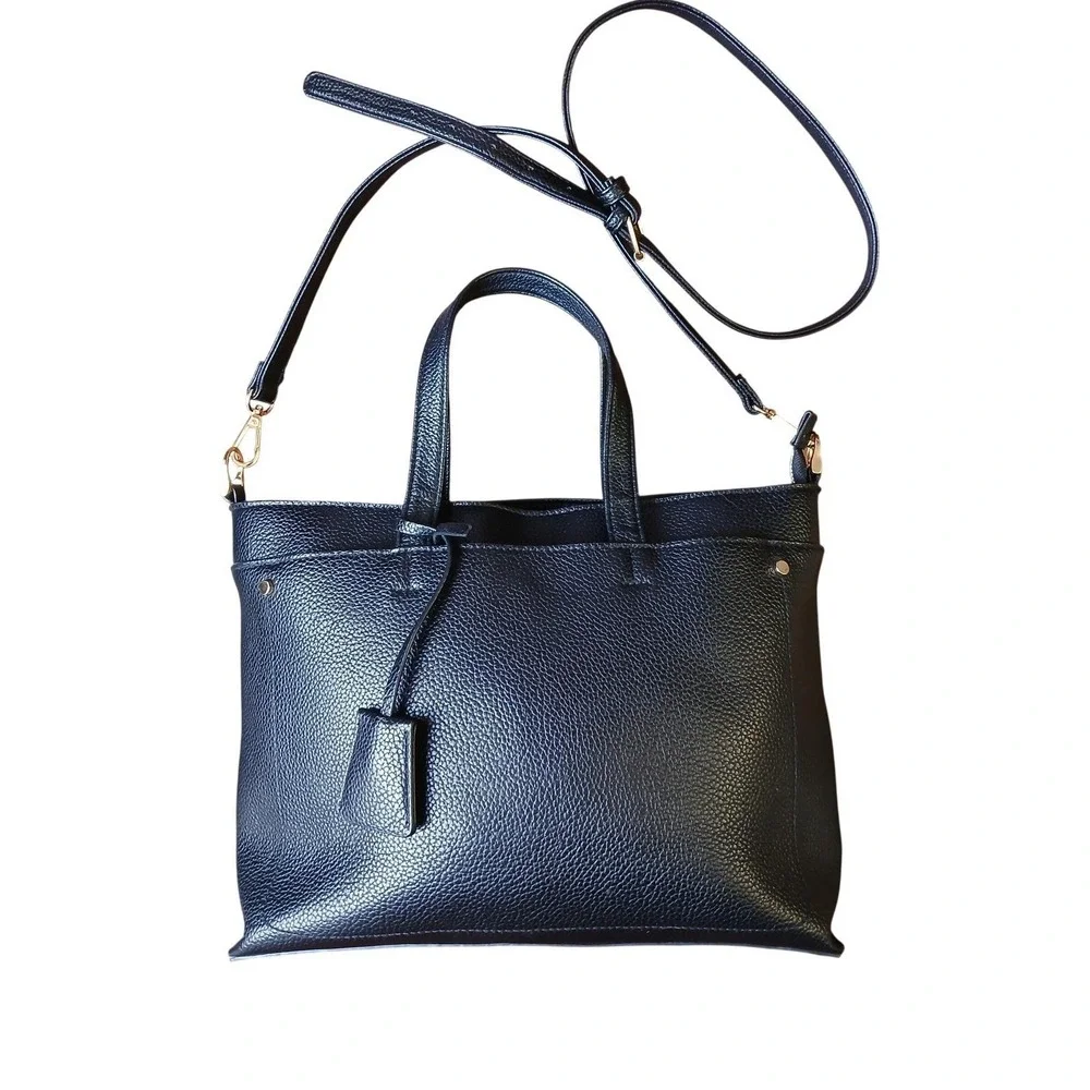 A New Day Black Pebbled Faux Leather‎ Triple Compartment Tote Crossbody Bag